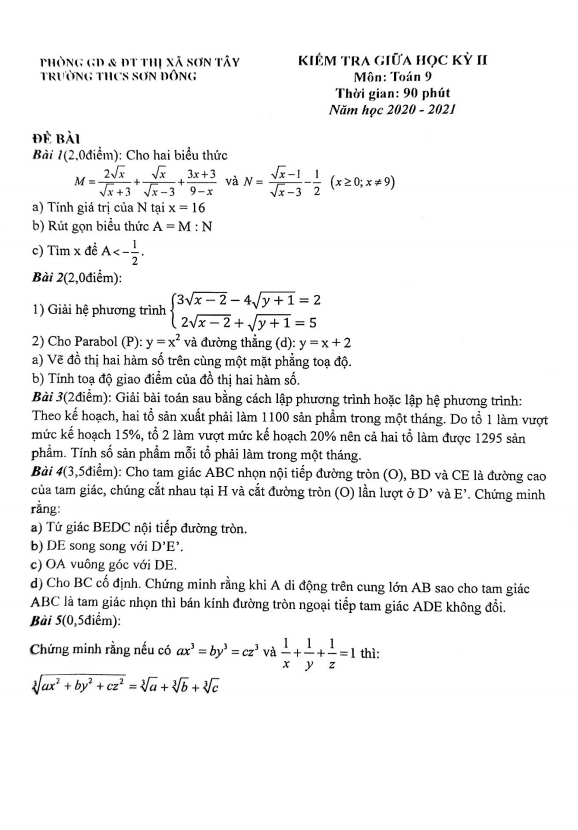 Đề thi giữa học kì 2 (HK2) lớp 9 môn Toán năm 2020 2021 trường THCS Sơn Đông Hà Nội