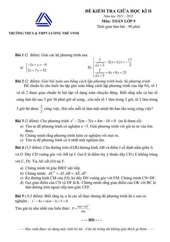 Đề thi giữa học kì 2 (HK2) lớp 9 môn Toán năm 2021 2022 trường Lương Thế Vinh Hà Nội