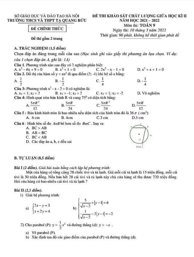 Đề thi giữa học kì 2 (HK2) lớp 9 môn Toán năm 2021 2022 trường Tạ Quang Bửu Hà Nội