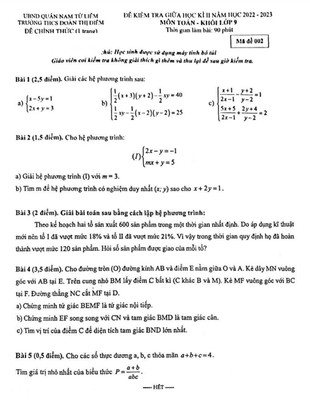 Đề thi giữa học kì 2 (HK2) lớp 9 môn Toán năm 2022 2023 trường THCS Đoàn Thị Điểm Hà Nội