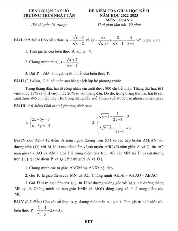Đề thi giữa học kì 2 (HK2) lớp 9 môn Toán năm 2022 2023 trường THCS Nhật Tân Hà Nội