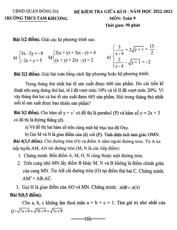 Đề thi giữa học kì 2 (HK2) lớp 9 môn Toán năm 2022 2023 trường THCS Tam Khương Hà Nội