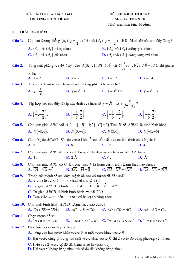 Đề thi giữa học kỳ I lớp 10 môn Toán trường THPT Dĩ An Bình Dương