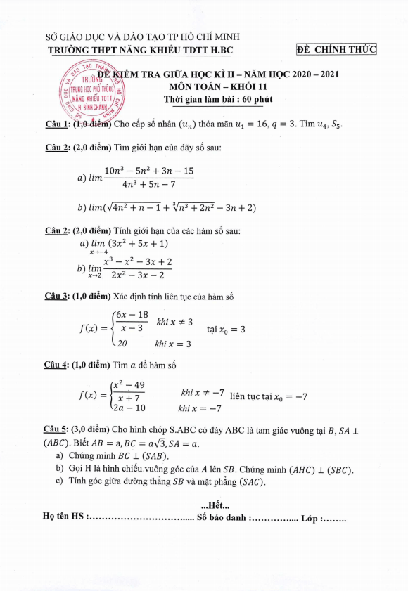 Đề thi GK2 lớp 11 môn Toán năm 2020 2021 trường Năng khiếu TDTT Bình Chánh TP HCM