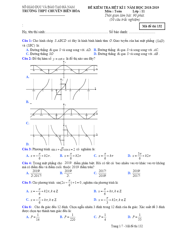 Đề thi hết học kì 1 (HK1) lớp 11 môn Toán năm học 2018 2019 trường chuyên Biên Hòa Hà Nam