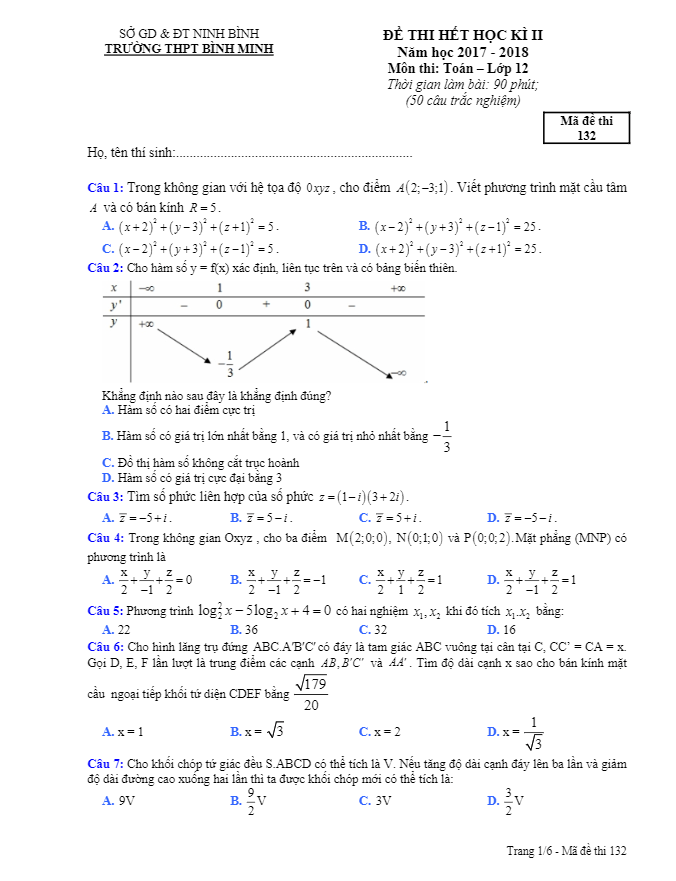 Đề thi hết học kì 2 (HK2) lớp 12 môn Toán năm 2017 2018 trường THPT Bình Minh Ninh Bình