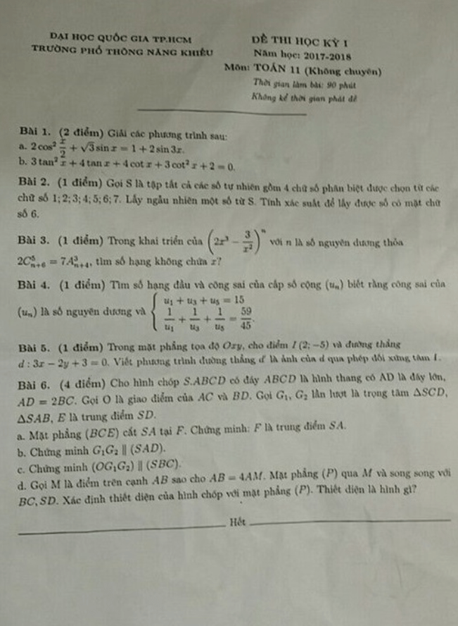 Đề thi HKI lớp 11 môn Toán không chuyên năm học 2017 2018 trường Phổ Thông Năng Khiếu TP. HCM