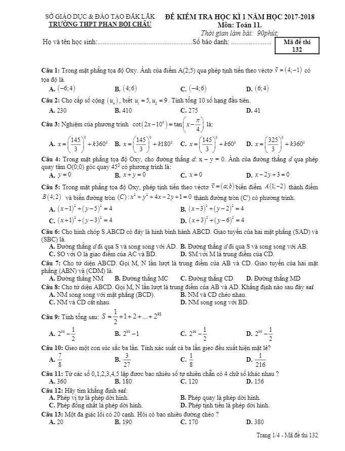 Đề thi HKI lớp 11 môn Toán năm học 2017 2018 trường THPT Phan Bội Châu Đăk Lăk