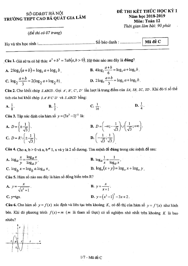 Đề thi HKI lớp 12 môn Toán năm 2018 2019 trường Cao Bá Quát Gia Lâm Hà Nội