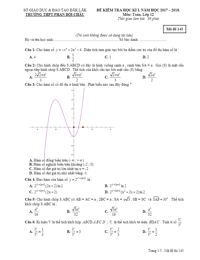 Đề thi HKI lớp 12 môn Toán năm học 2017 2018 trường THPT Phan Bội Châu Đăk Lăk