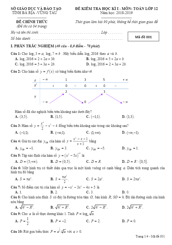 Đề thi HKI lớp 12 môn Toán năm học 2018 2019 sở GD và ĐT Bà Rịa Vũng Tàu
