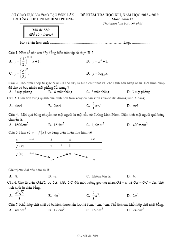 Đề thi HKI lớp 12 môn Toán năm học 2018 2019 trường THPT Phan Đình Phùng Đắk Lắk