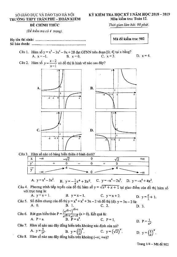 Đề thi HKI lớp 12 môn Toán năm học 2018 2019 trường THPT Trần Phú Hoàn Kiếm Hà Nội