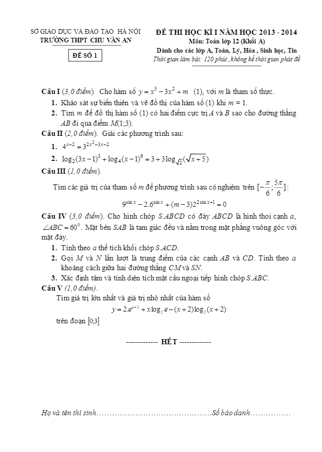 Đề thi học kì 1 (HK1) ban nâng cao trường Chu Văn An Hà Nội 2013 2014