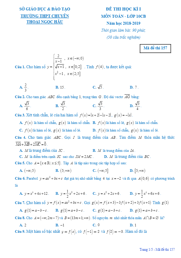 Đề thi học kì 1 (HK1) lớp 10 môn Toán CB năm 2018 2019 trường chuyên Thoại Ngọc Hầu An Giang