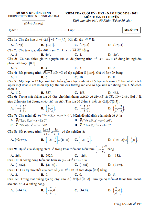 Đề thi học kì 1 (HK1) lớp 10 môn Toán chuyên năm 2020 2021 trường chuyên Huỳnh Mẫn Đạt Kiên Giang