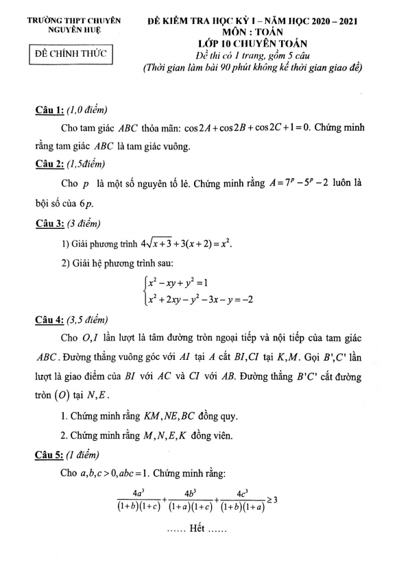 Đề thi học kì 1 (HK1) lớp 10 môn Toán (chuyên Toán) năm 2020 2021 trường chuyên Nguyễn Huệ Hà Nội