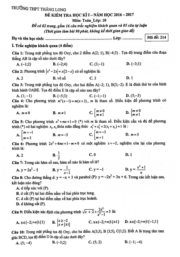 Đề thi học kì 1 (HK1) lớp 10 môn Toán năm 2016 2017 trường THPT Thăng Long Hà Nội