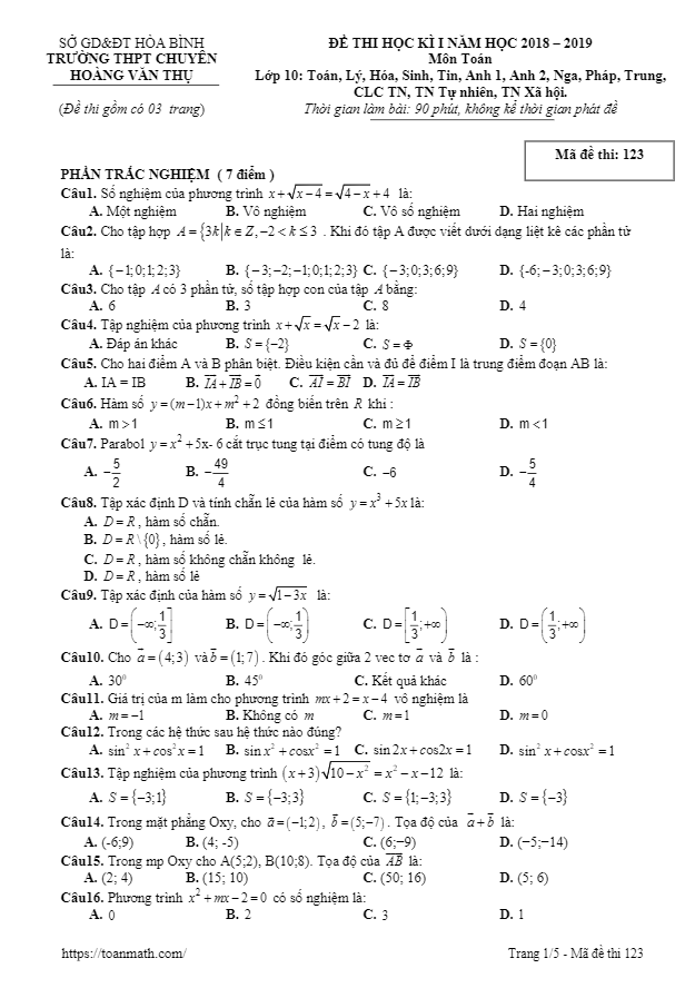 Đề thi học kì 1 (HK1) lớp 10 môn Toán năm 2018 2019 trường chuyên Hoàng Văn Thụ Hòa Bình
