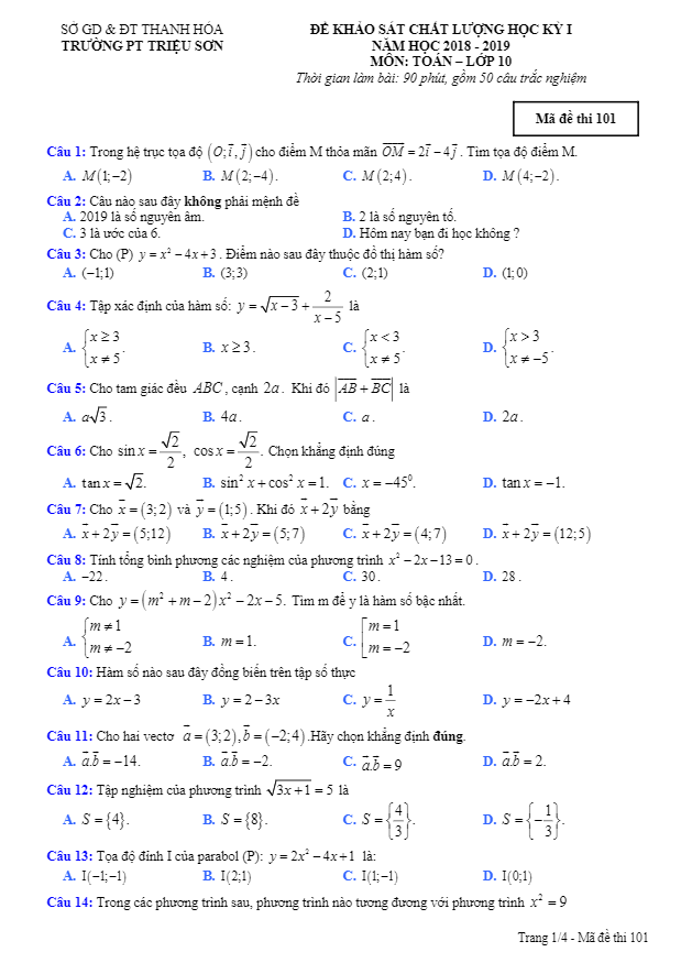 Đề thi học kì 1 (HK1) lớp 10 môn Toán năm 2018 2019 trường PT Triệu Sơn Thanh Hóa