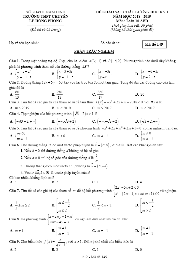 Đề thi học kì 1 (HK1) lớp 10 môn Toán năm 2018 2019 trường THPT chuyên Lê Hồng Phong Nam Định