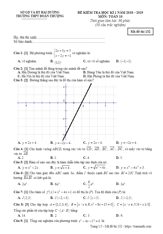 Đề thi học kì 1 (HK1) lớp 10 môn Toán năm 2018 2019 trường THPT Đoàn Thượng Hải Dương