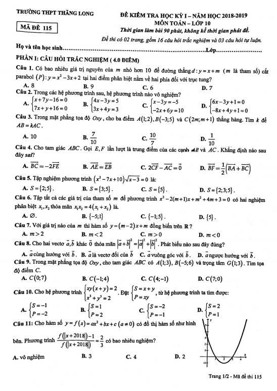 Đề thi học kì 1 (HK1) lớp 10 môn Toán năm 2018 2019 trường THPT Thăng Long Hà Nội