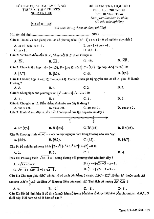 Đề thi học kì 1 (HK1) lớp 10 môn Toán năm 2019 2020 trường chuyên Nguyễn Huệ Hà Nội
