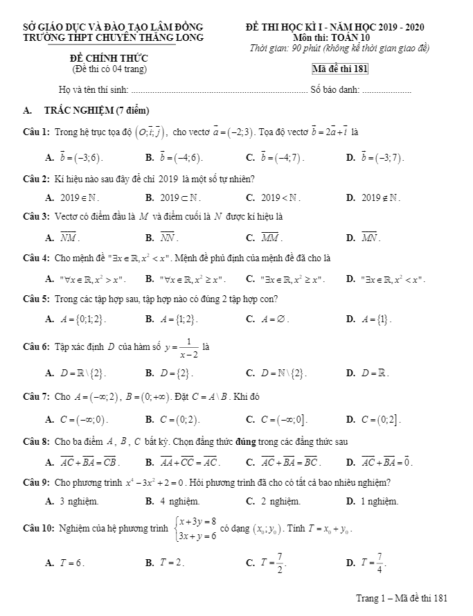 Đề thi học kì 1 (HK1) lớp 10 môn Toán năm 2019 2020 trường chuyên Thăng Long Lâm Đồng