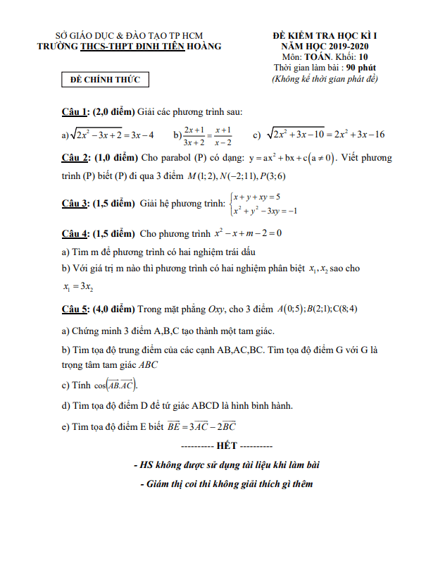 Đề thi học kì 1 (HK1) lớp 10 môn Toán năm 2019 2020 trường Đinh Tiên Hoàng TP HCM