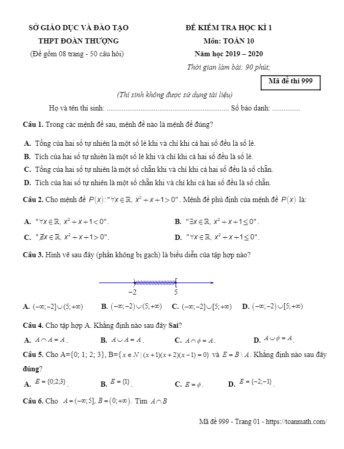 Đề thi học kì 1 (HK1) lớp 10 môn Toán năm 2019 2020 trường Đoàn Thượng Hải Dương