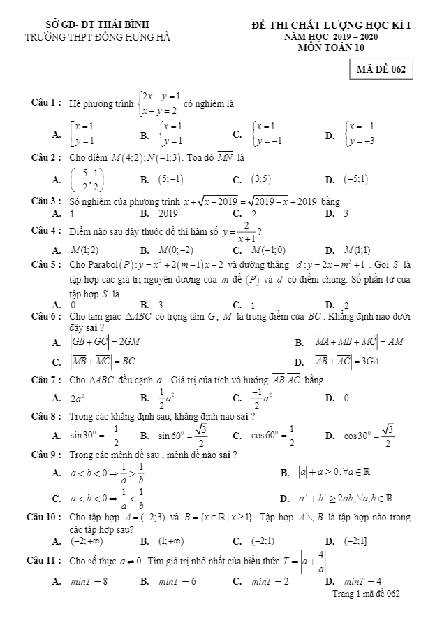 Đề thi học kì 1 (HK1) lớp 10 môn Toán năm 2019 2020 trường Đông Hưng Hà Thái Bình
