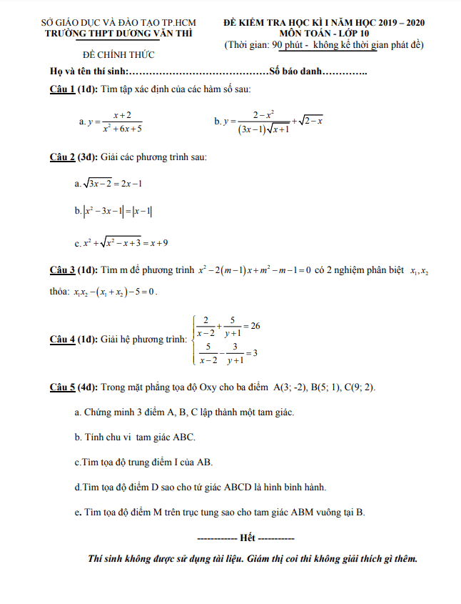 Đề thi học kì 1 (HK1) lớp 10 môn Toán năm 2019 2020 trường Dương Văn Thì TP HCM