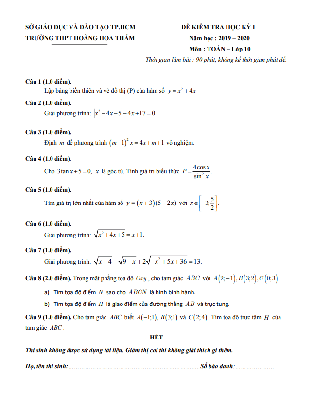 Đề thi học kì 1 (HK1) lớp 10 môn Toán năm 2019 2020 trường Hoàng Hoa Thám TP HCM