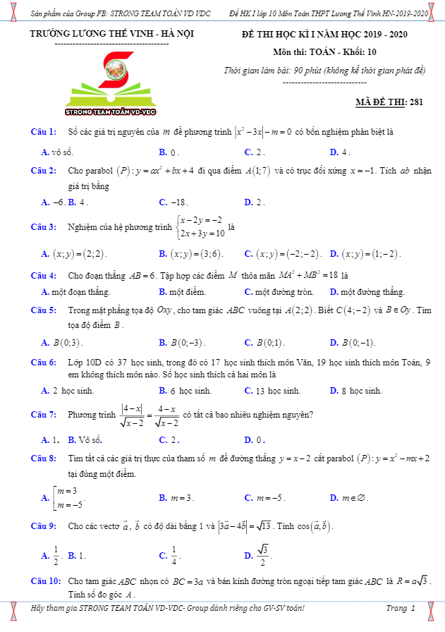 Đề thi học kì 1 (HK1) lớp 10 môn Toán năm 2019 2020 trường Lương Thế Vinh Hà Nội