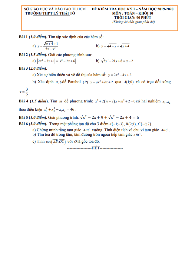 Đề thi học kì 1 (HK1) lớp 10 môn Toán năm 2019 2020 trường Lý Thái Tổ TP HCM