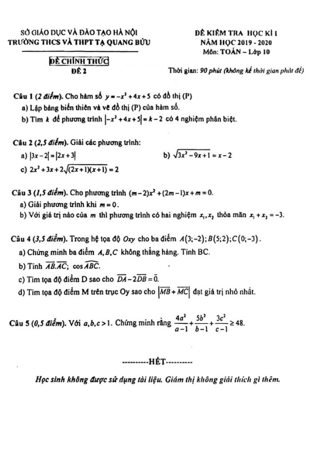 Đề thi học kì 1 (HK1) lớp 10 môn Toán năm 2019 2020 trường Tạ Quang Bửu Hà Nội