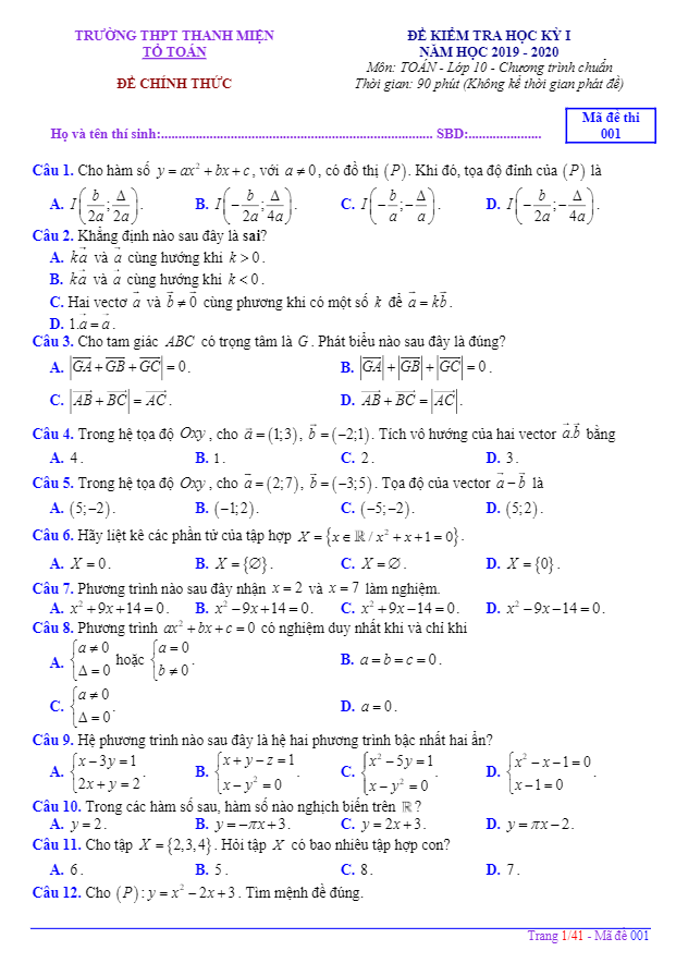 Đề thi học kì 1 (HK1) lớp 10 môn Toán năm 2019 2020 trường Thanh Miện Hải Dương