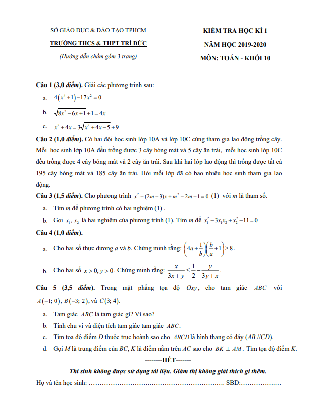 Đề thi học kì 1 (HK1) lớp 10 môn Toán năm 2019 2020 trường THCS THPT Trí Đức TP HCM