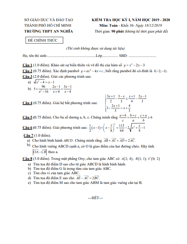 Đề thi học kì 1 (HK1) lớp 10 môn Toán năm 2019 2020 trường THPT An Nghĩa TP HCM