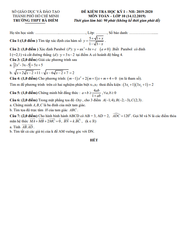 Đề thi học kì 1 (HK1) lớp 10 môn Toán năm 2019 2020 trường THPT Bà Điểm TP HCM