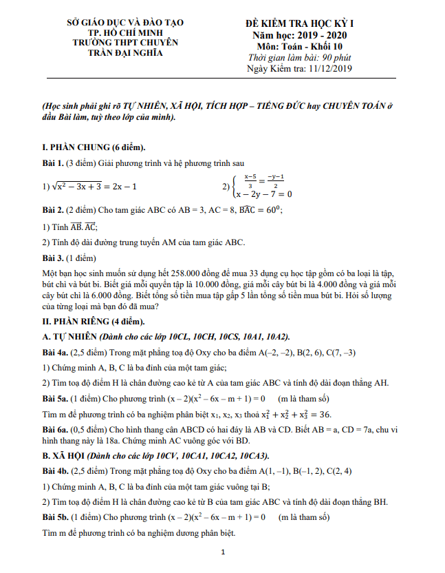 Đề thi học kì 1 (HK1) lớp 10 môn Toán năm 2019 2020 trường THPT chuyên Trần Đại Nghĩa TP HCM