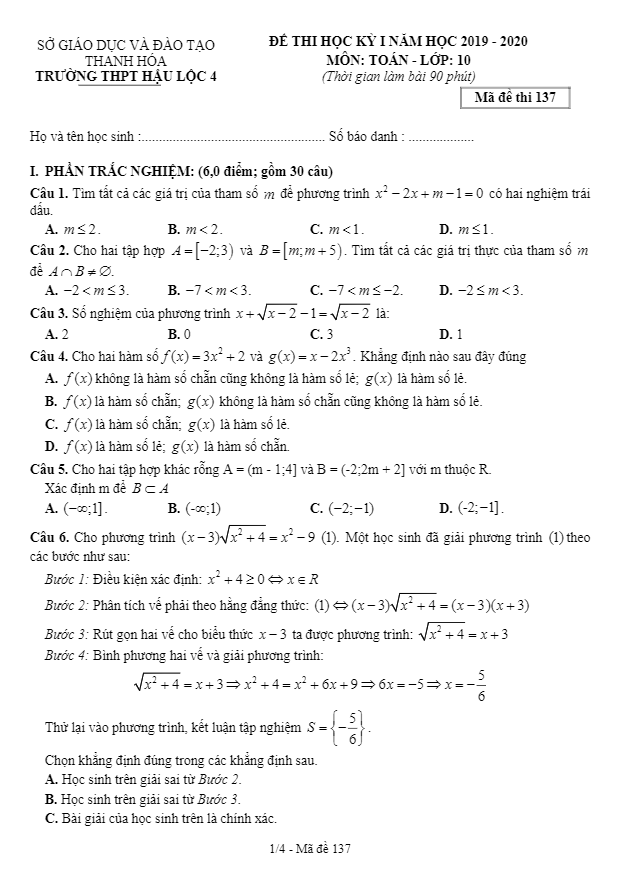 Đề thi học kì 1 (HK1) lớp 10 môn Toán năm 2019 2020 trường THPT Hậu Lộc 4 Thanh Hóa