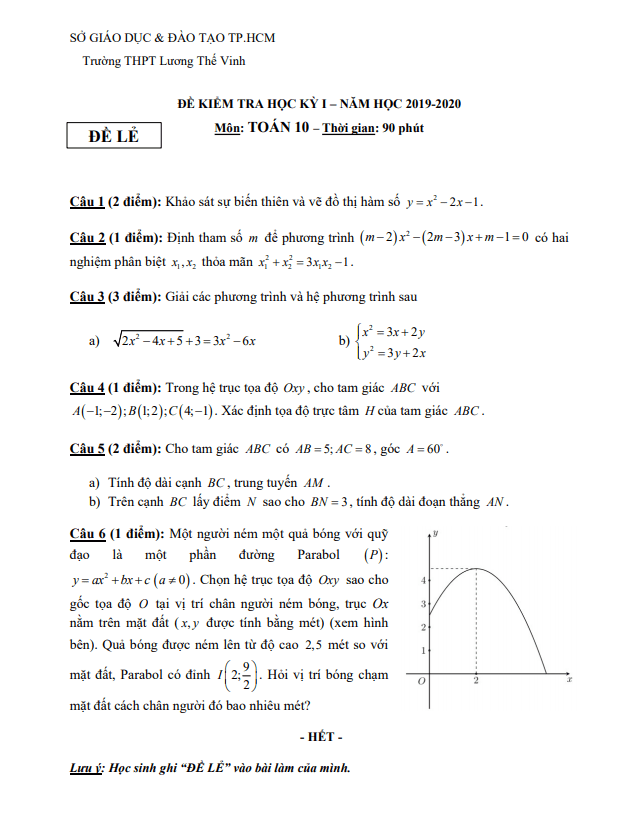 Đề thi học kì 1 (HK1) lớp 10 môn Toán năm 2019 2020 trường THPT Lương Thế Vinh TP HCM