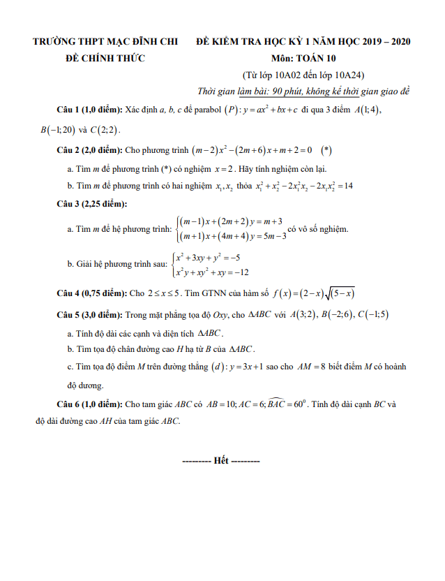 Đề thi học kì 1 (HK1) lớp 10 môn Toán năm 2019 2020 trường THPT Mạc Đĩnh Chi TP HCM