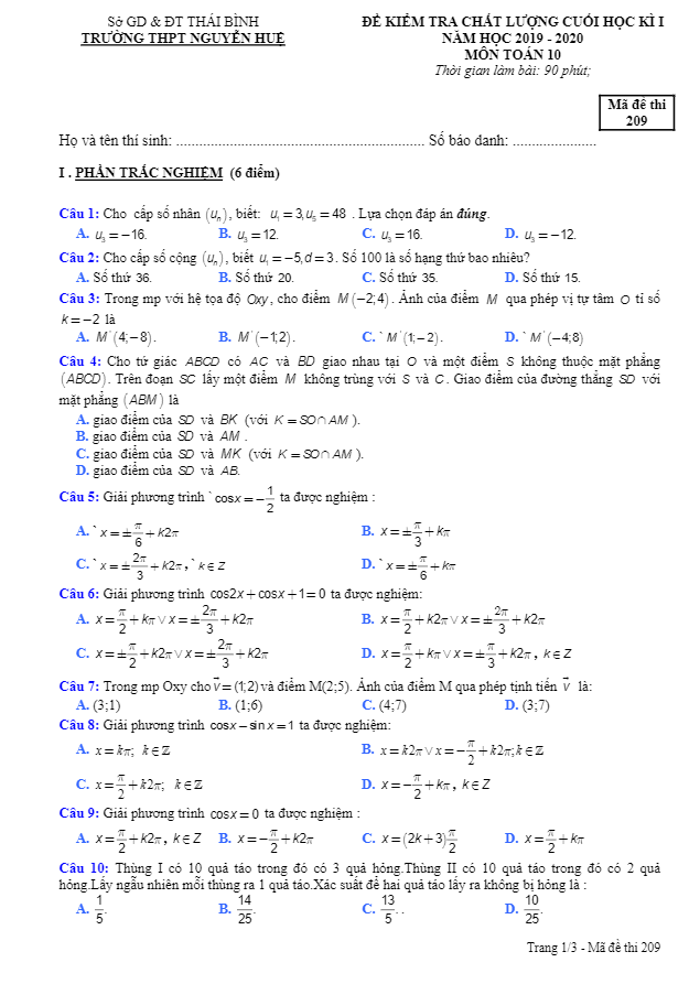 Đề thi học kì 1 (HK1) lớp 10 môn Toán năm 2019 2020 trường THPT Nguyễn Huệ Thái Bình