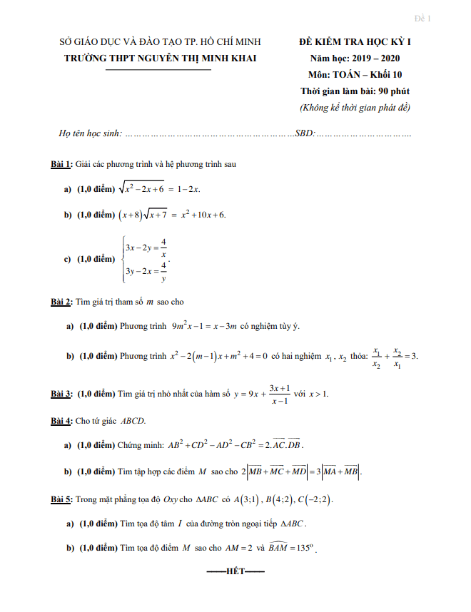 Đề thi học kì 1 (HK1) lớp 10 môn Toán năm 2019 2020 trường THPT Nguyễn Thị Minh Khai TP HCM