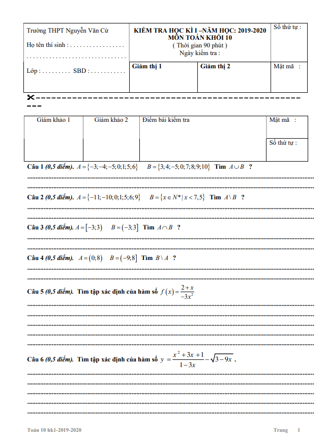 Đề thi học kì 1 (HK1) lớp 10 môn Toán năm 2019 2020 trường THPT Nguyễn Văn Cừ TP HCM