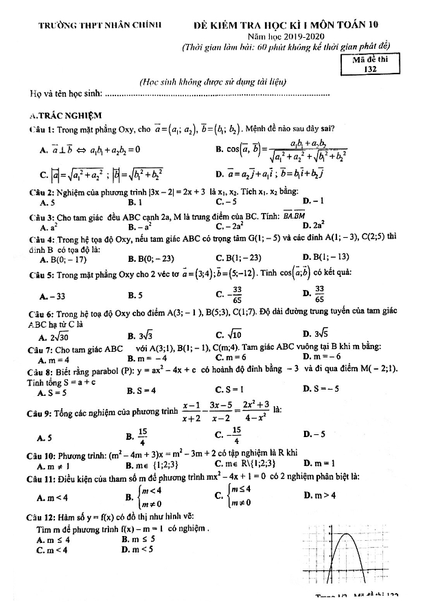 Đề thi học kì 1 (HK1) lớp 10 môn Toán năm 2019 2020 trường THPT Nhân Chính Hà Nội