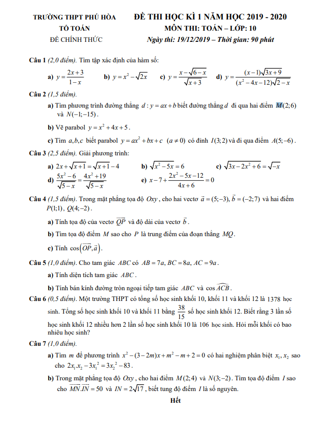 Đề thi học kì 1 (HK1) lớp 10 môn Toán năm 2019 2020 trường THPT Phú Hòa TP HCM